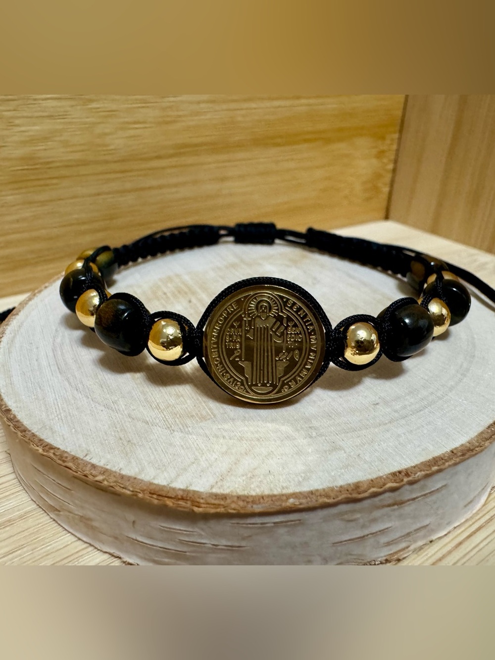 Tiger’s Eye, 14K gold-plated beads, and a Saint Benedict Stainless Steel Medal